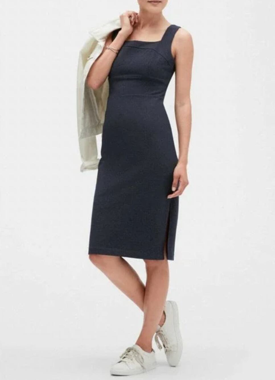 Banana Republic Square Neck Navy Blue Twill Sheath Midi Sleeveless Slit Dress 4
